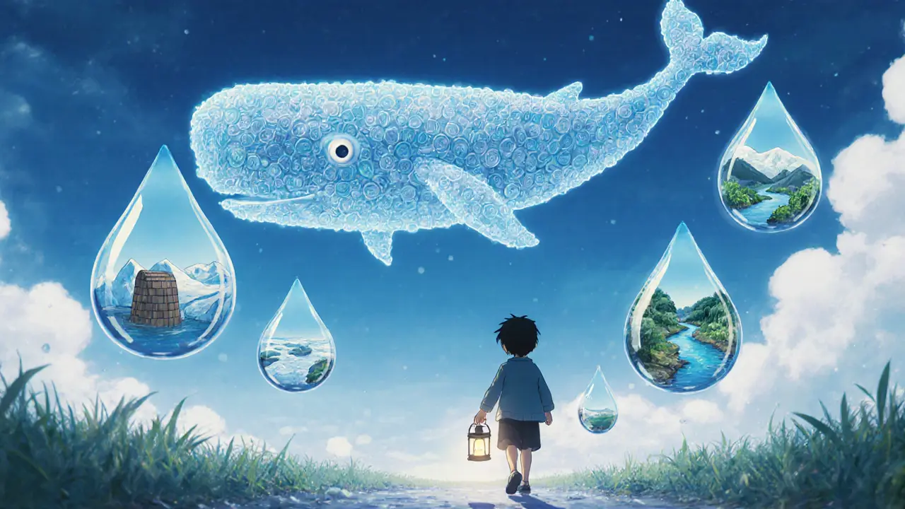 A child walks on glowing water droplets showing global water scenes, as a token-shaped whale fades into the clouds.