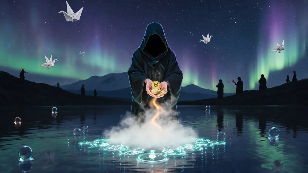 A faceless figure burns WATER tokens into steam above a lake, surrounded by Solana blockchain nodes and twilight auroras.