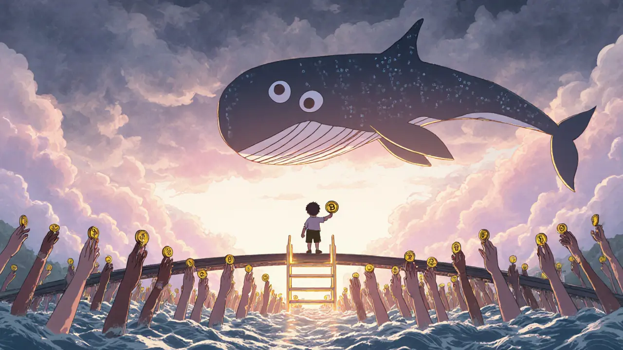 A child holds a single token on a blockchain bridge, while tiny hands rise from a river of tokens to form a glowing ladder.