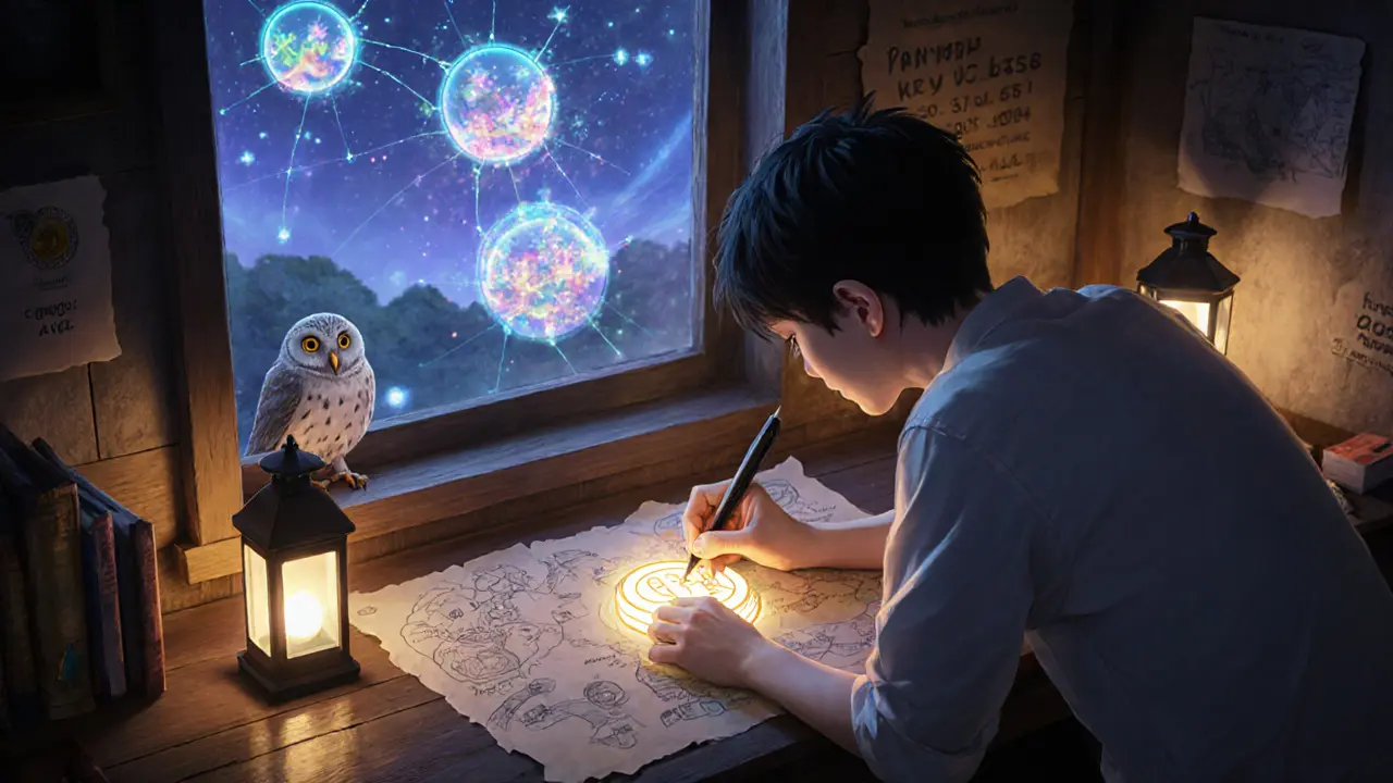 A developer sketches a CAKE token as an owl watches a hologram of active DEXes in the distance.