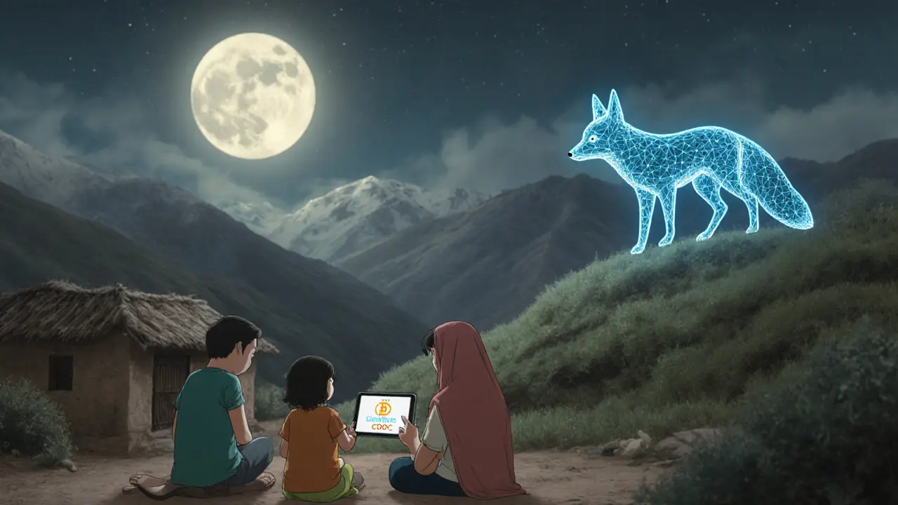 A family views a government digital currency on a tablet as a mystical fox made of blockchain lines watches from afar.