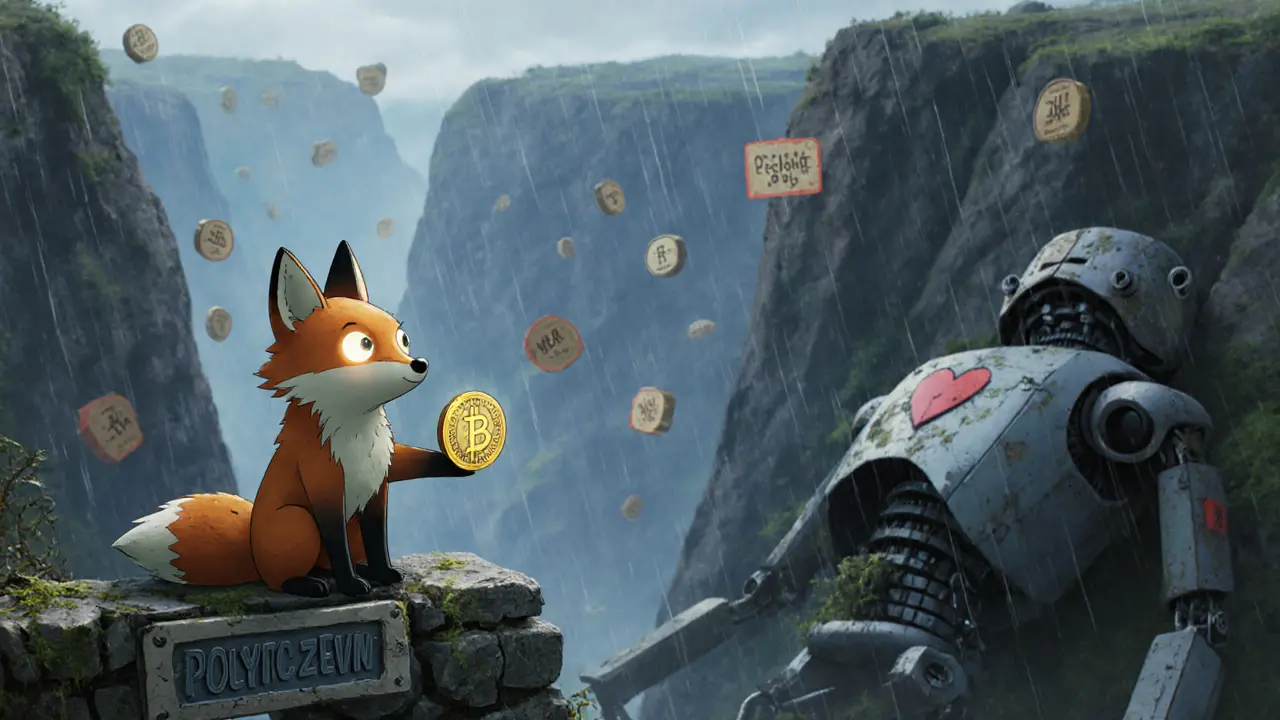 A mechanical fox holds a MATIC coin atop a crumbling arch, surrounded by silent, fading trading pairs.