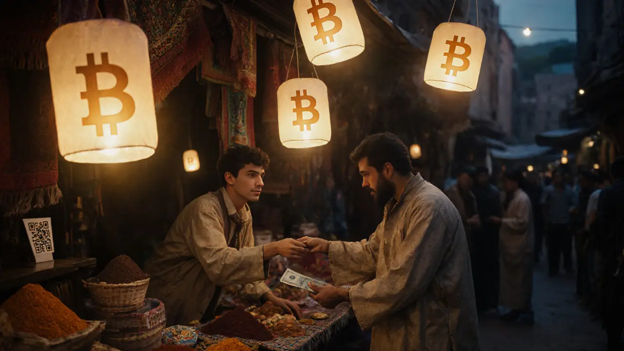 A trader exchanges cash for crypto in a vibrant Marrakech market, with glowing coin-shaped lanterns floating above.