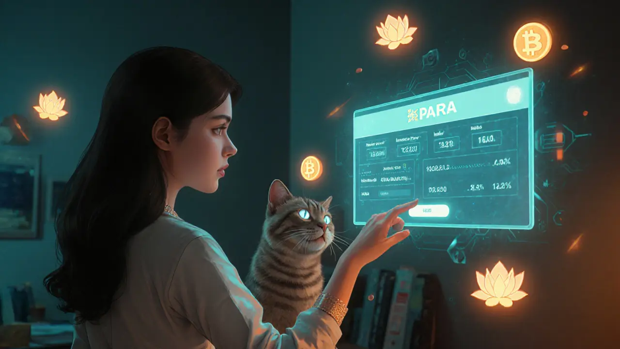 A young engineer interacting with a holographic PVARA license interface, with floating digital lotus tokens and a curious cat nearby.