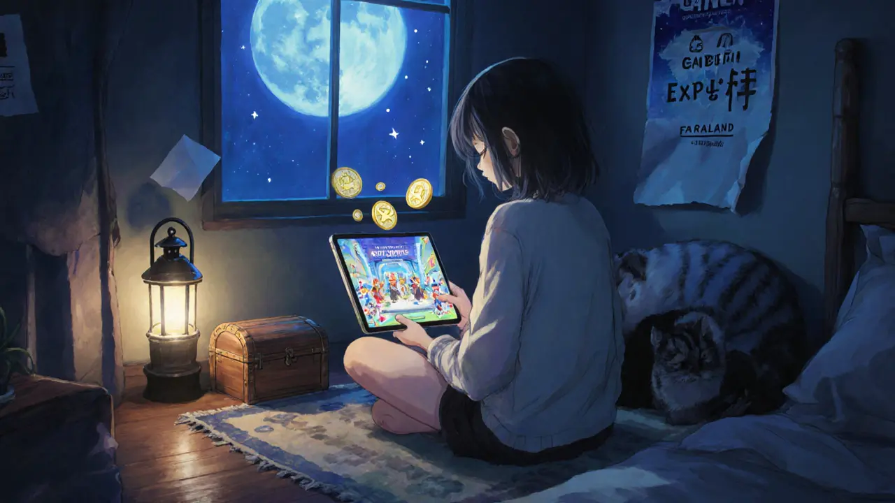 A young player in a cozy room receives FARA tokens from a glowing Faraland game screen at night.