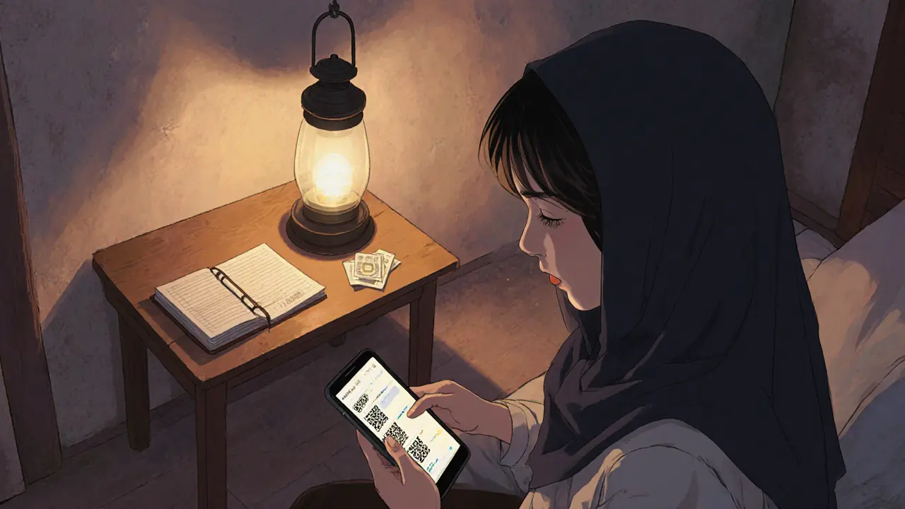 Afghan woman uses phone for discreet Bitcoin P2P trade at home.