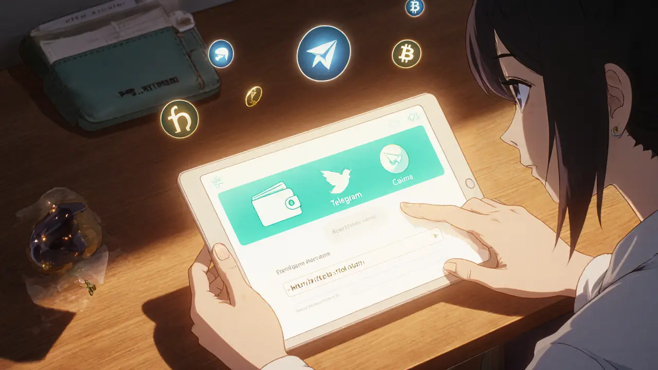 Anime protagonist claims airdrop on a glowing tablet surrounded by floating token symbols.
