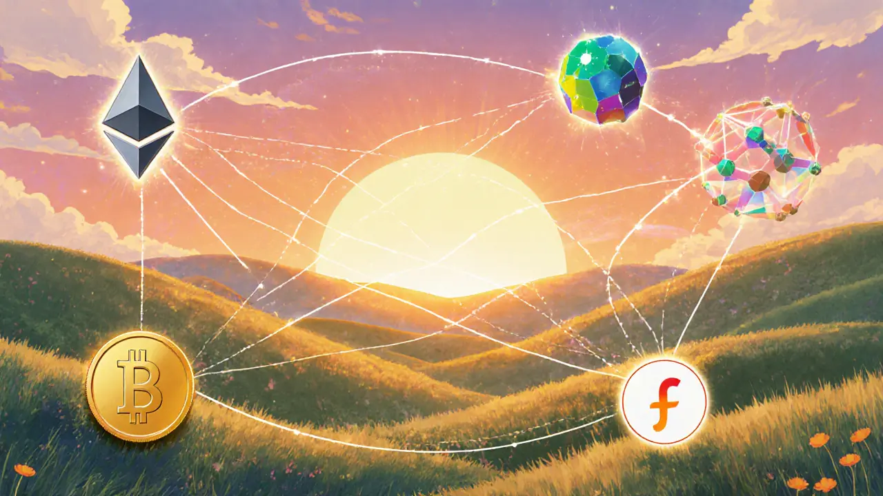 Blockchain icons linked by luminous threads under a sunrise meadow.