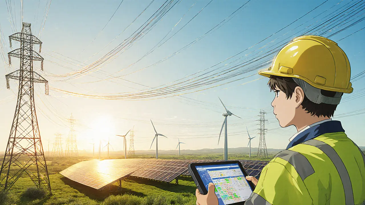 Bright sunrise over new HVDC line, solar panels, wind turbines, and hopeful engineers.