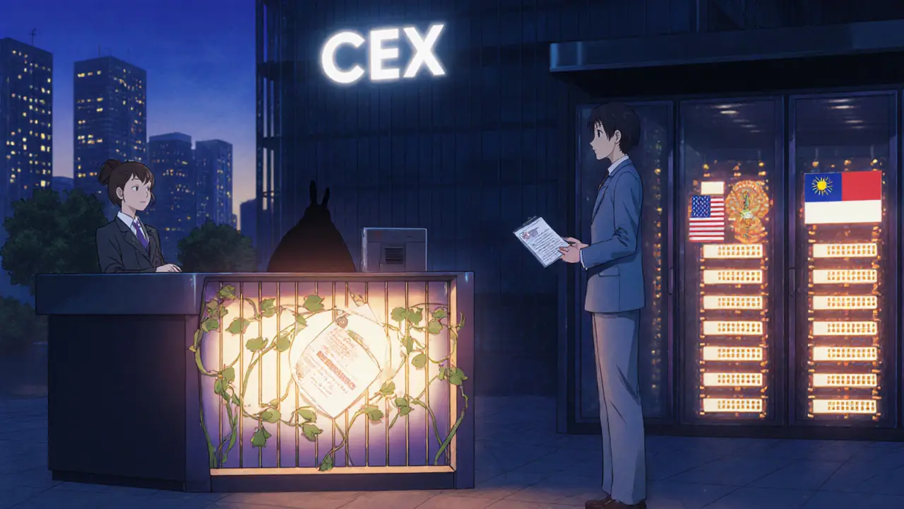 CEX corporate building with KYC desk, licensing certificates, and IP firewall gate.