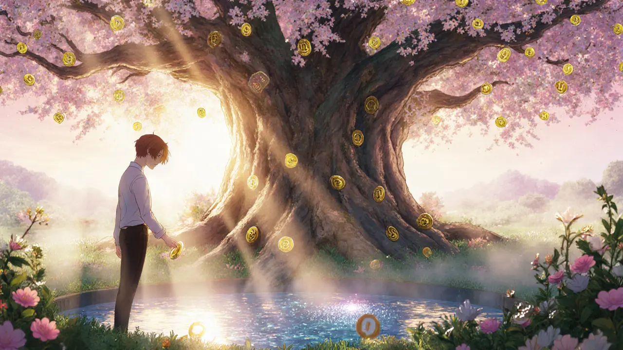 Character stakes EXZO tokens in a sunrise garden with a magical tree bearing token blossoms.