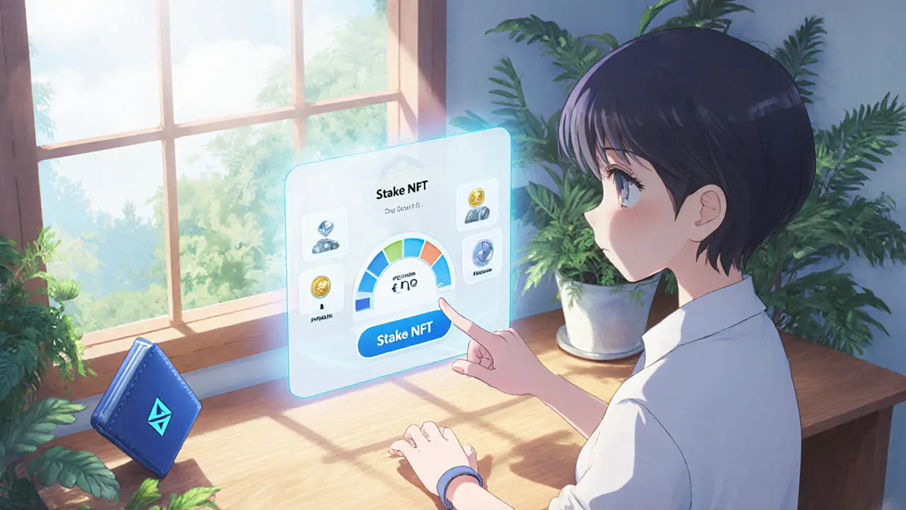 Character uses a holographic UI to stake an NFT, with a Farm Score gauge glowing on a wooden desk.