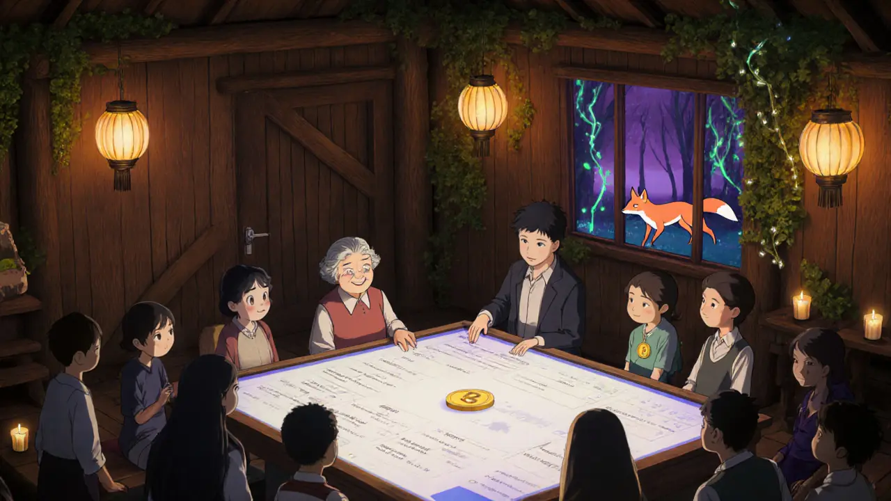 Community members gather in a lantern-lit hall, delegating votes as a fox spirit with a token glides past the window.