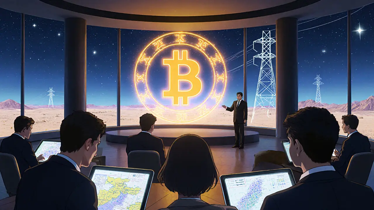 Conference hall with Pakistani minister and Binance founder discussing Bitcoin and power.