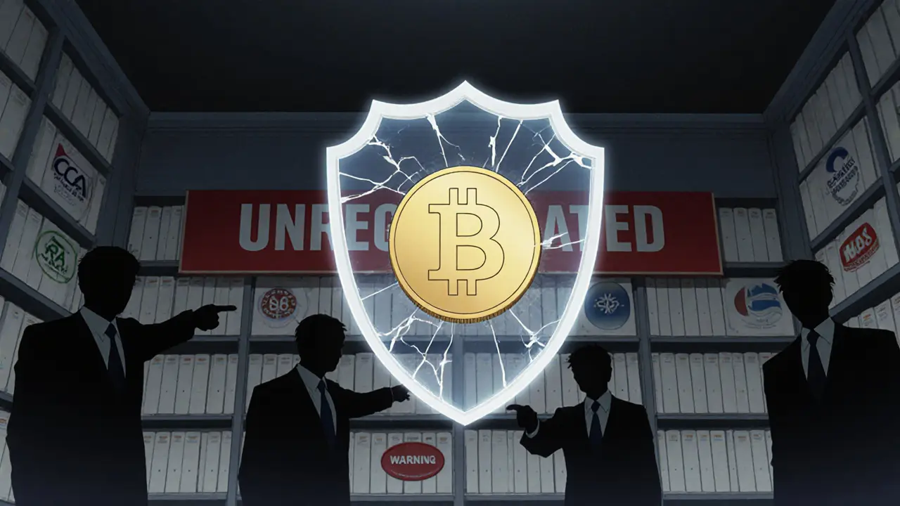 Cracked shield hovering over a golden coin with regulators&#039; silhouettes and a red warning sign.