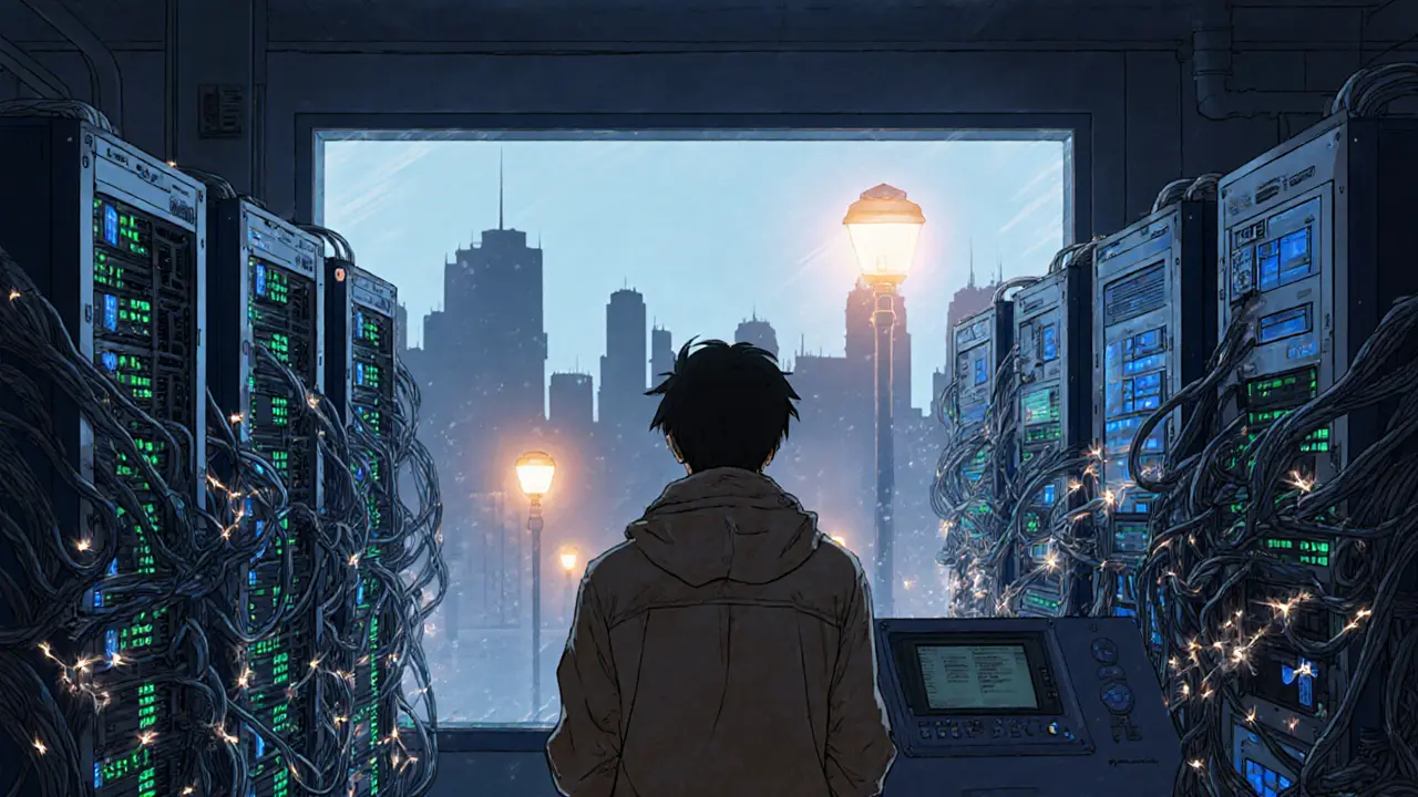 Crypto mining farm with glowing rigs, sparks, and a worried operator watching a blackout outside.