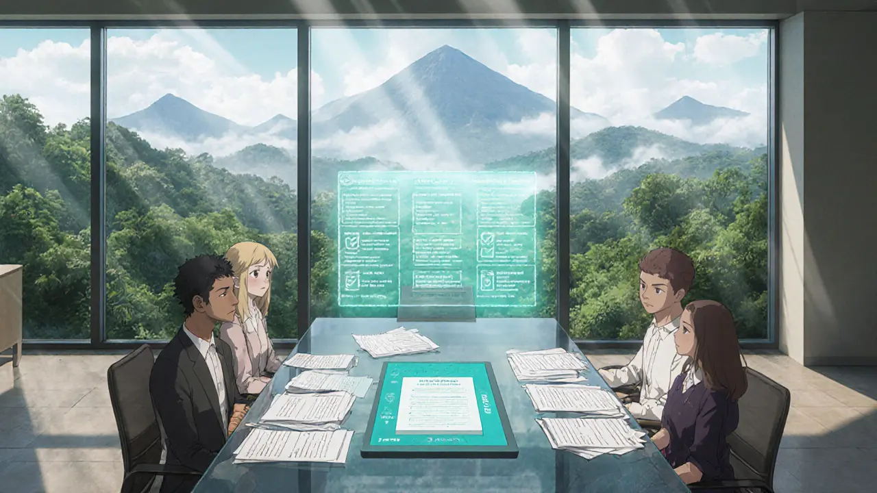 Crypto startup office with team reviewing compliance documents overlooking a rainforest.