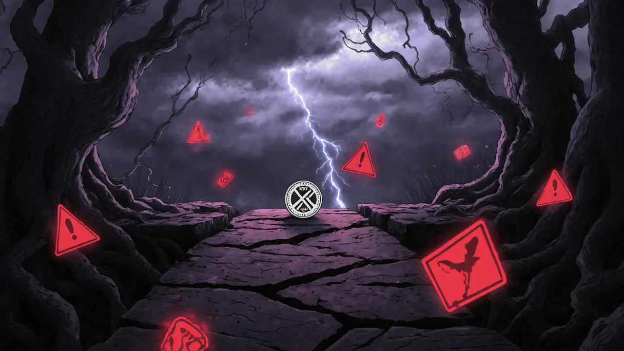 Dark forest with broken bridge and red warning signs around a dormant token.