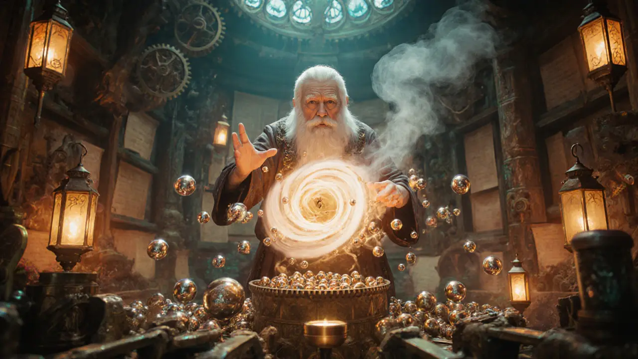 Enchanted workshop where an elder merges many glowing orbs into a single vortex.