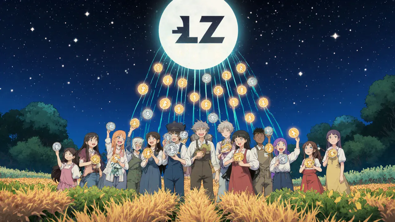 Farmers celebrate as glowing $LZ tokens rain down over a lush field under a moon shaped like the LaunchZone logo.