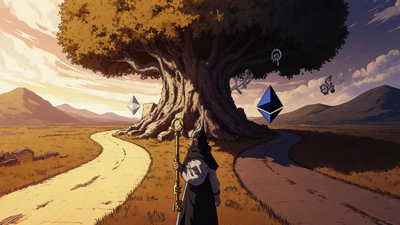 Forked landscape with two blockchain paths and guardian holding a key.
