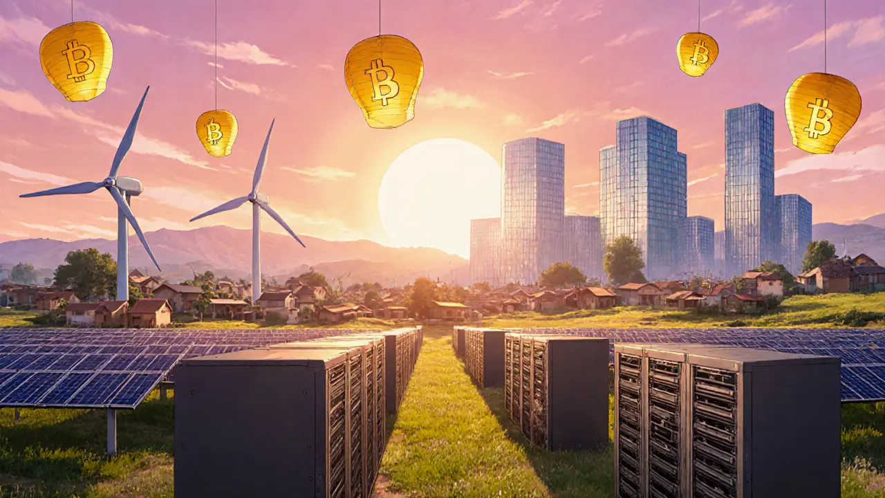 Future mining farm with solar panels and data centre under a golden sunset.