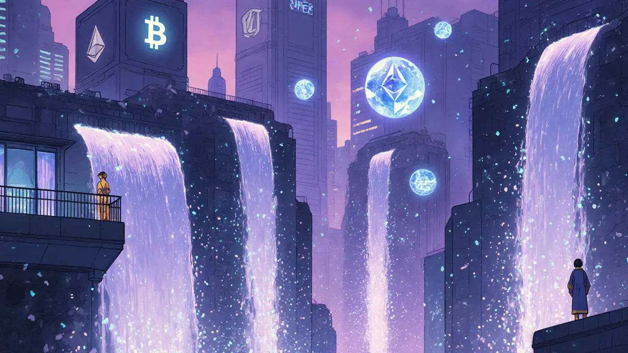 Futuristic blockchain city at twilight with fee streams, miners on a balcony, and validators with eth crystals.