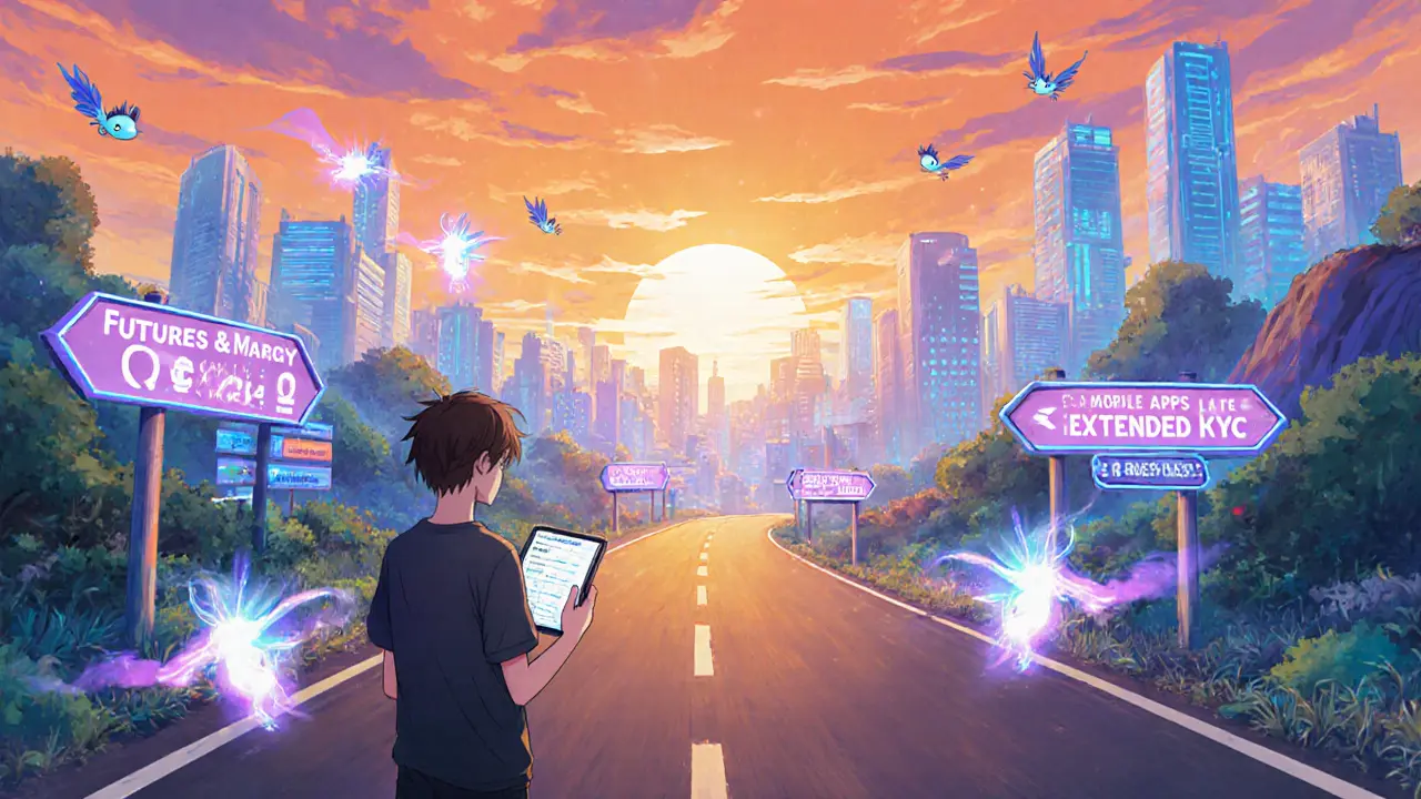 Futuristic roadmap road with signposts for futures, mobile apps, and KYC.