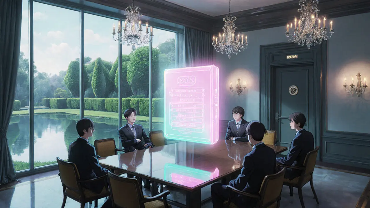 Glass conference room with a glowing holographic ledger, showing a private blockchain.