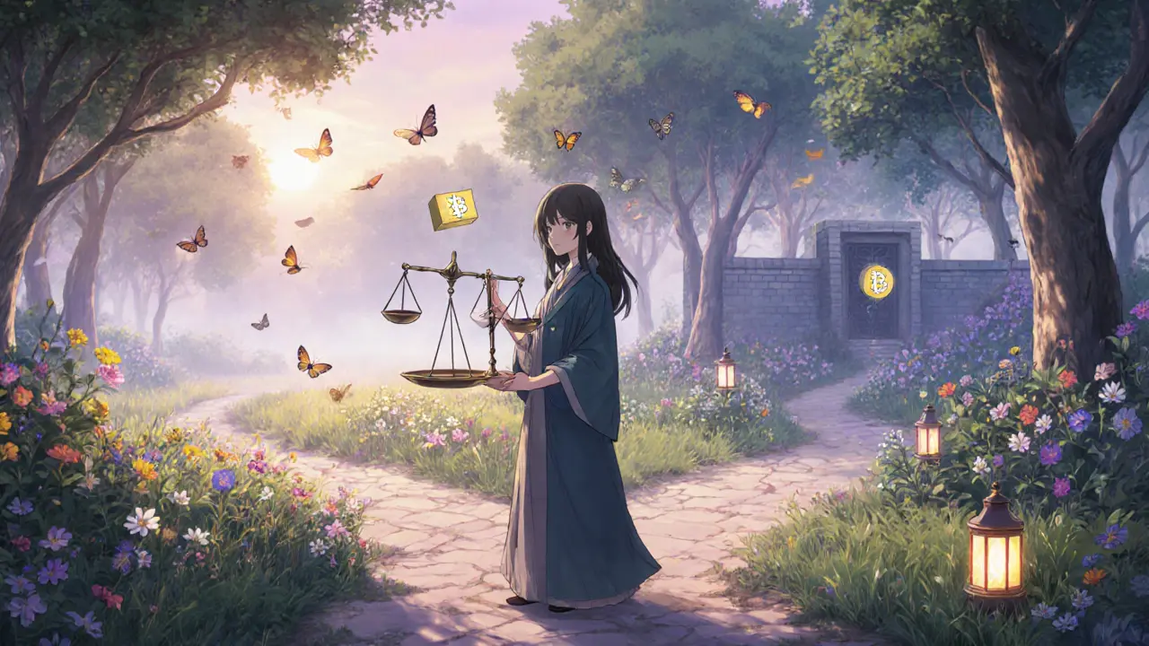 Guide at a forked path holding scales, balancing public and private blockchain features.