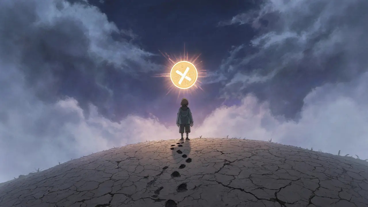 Lonely figure on a misty hill gazing at a tiny radiant WYZth token above cracked ground.