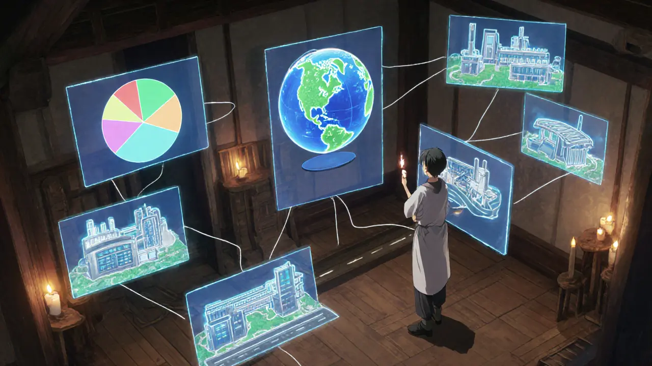 Mentor showing holographic panels of asset, geographic, product, supplier, and operational diversification.