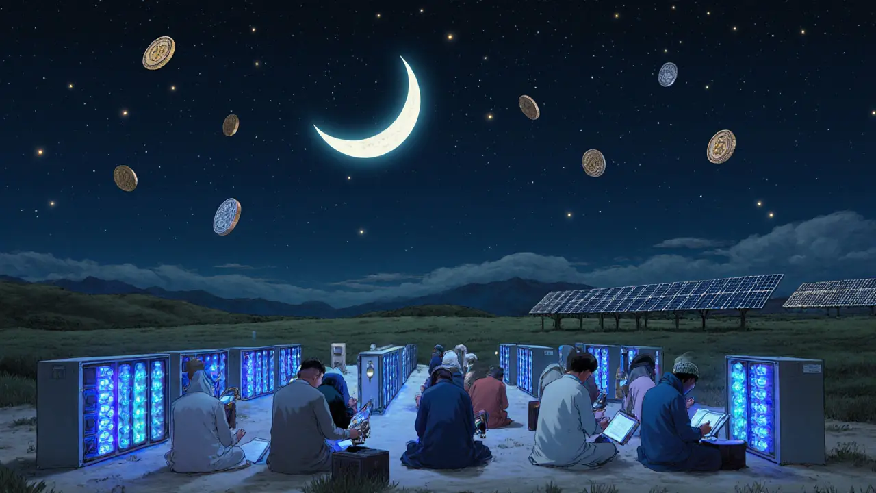 Miners praying beside energy-efficient rigs at night, with glowing digital coins rising like prayer beads under a crescent moon.