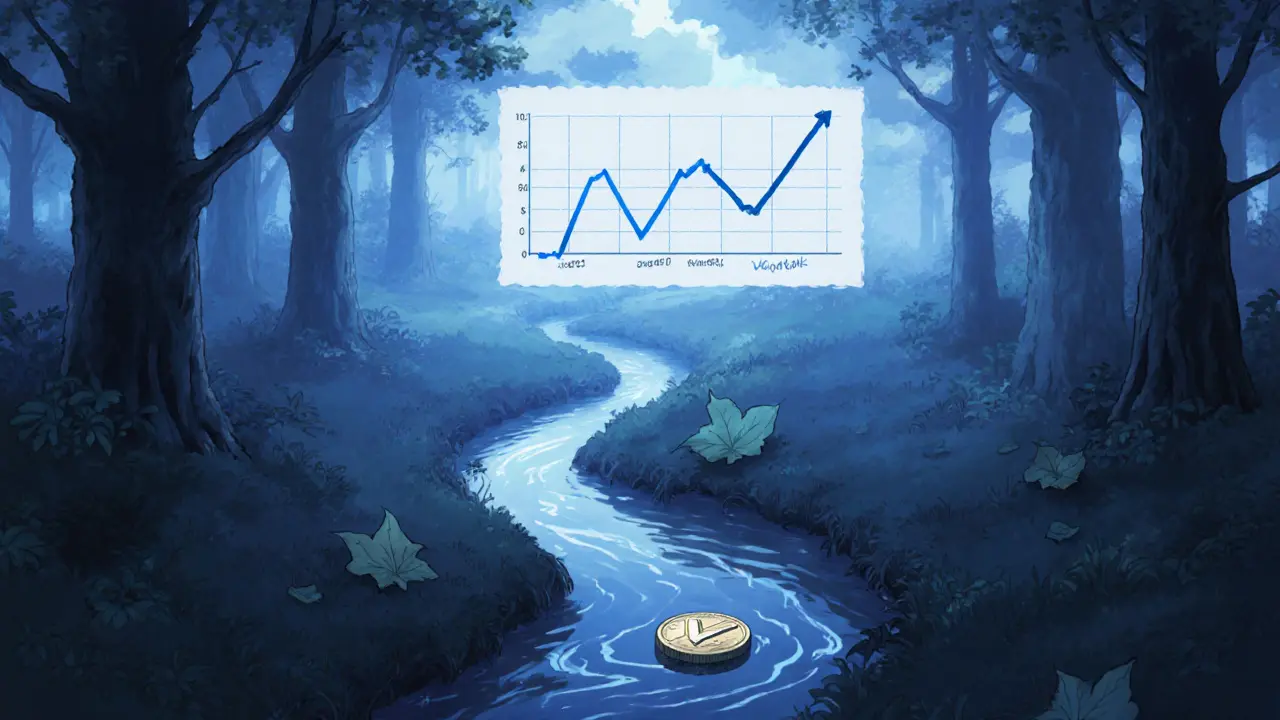 Misty forest path with a descending chart and a thin stream reflecting Vention.