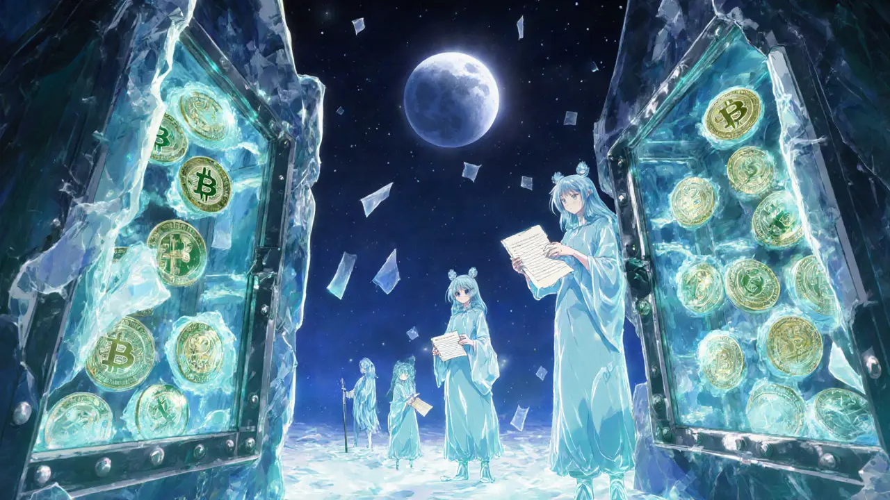 Mystical vault with glowing frozen crypto coins and guardian spirits.