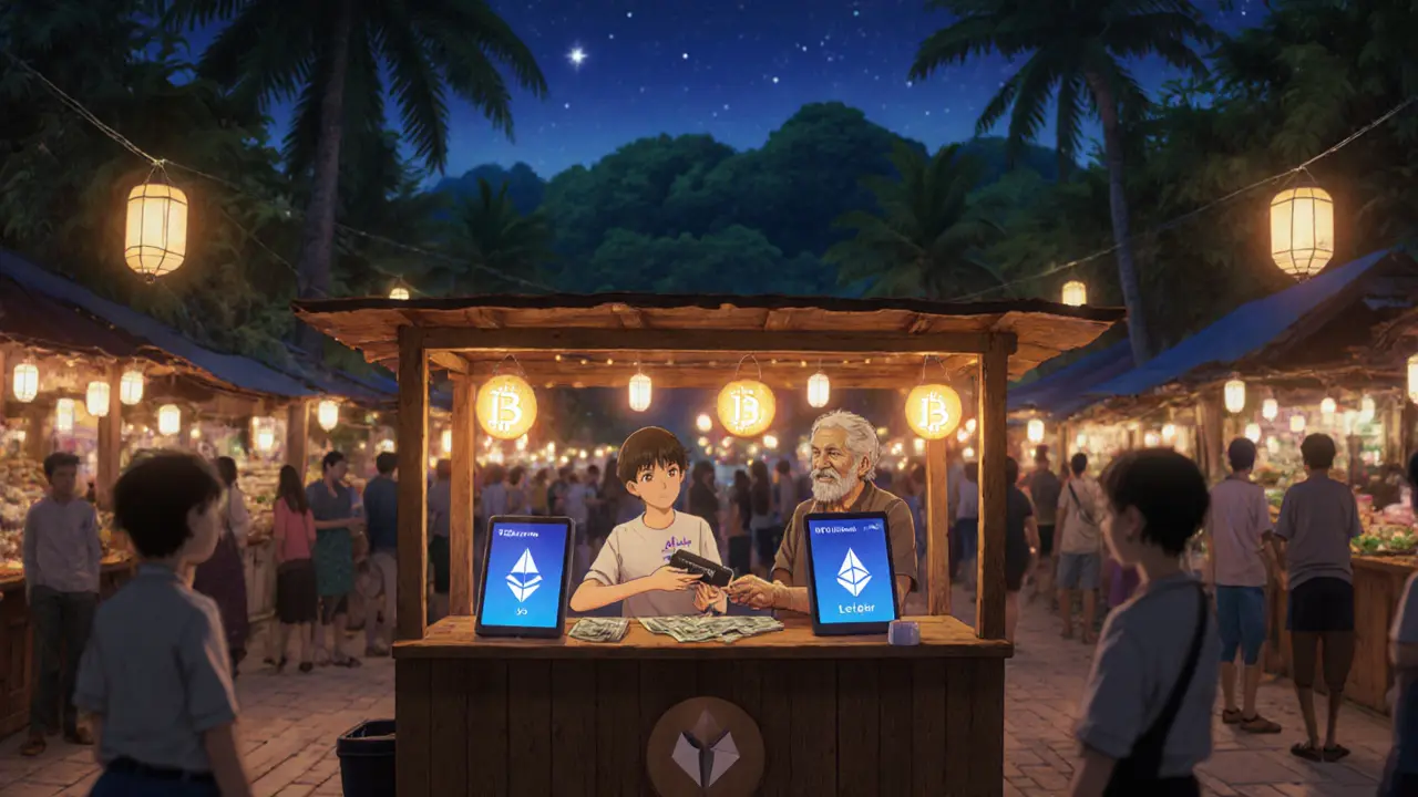 Night market booth where a teenager and vendor exchange Bitcoin for cash under lantern light.