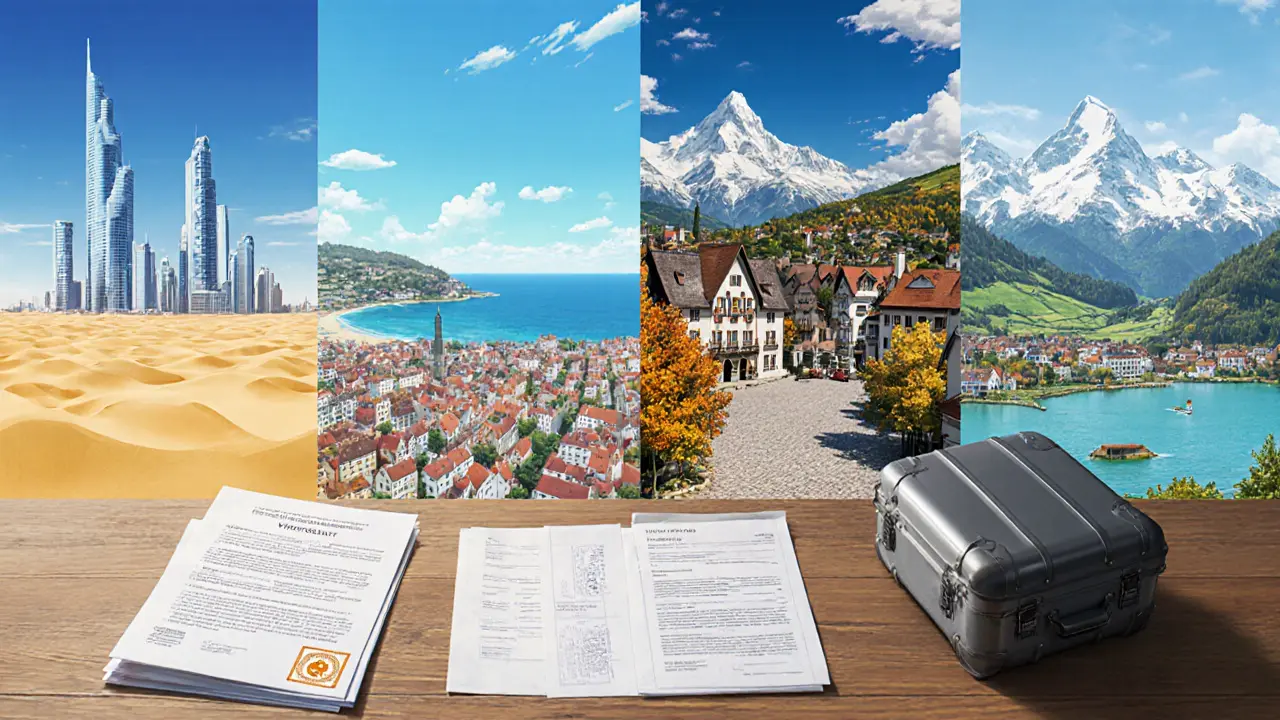 Panoramic view of Dubai, Portugal, Germany, and Switzerland with travel documents and a suitcase.