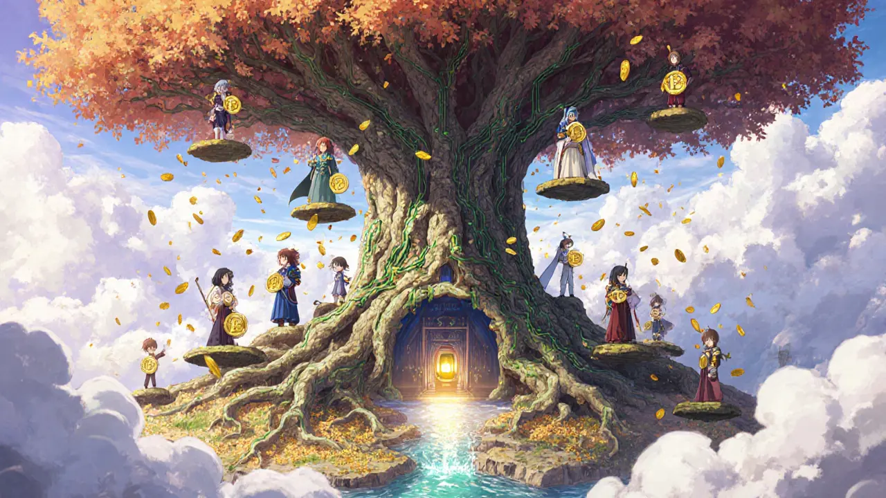 Players on floating platforms receive FARA tokens from a giant blockchain tree under a starry sky.