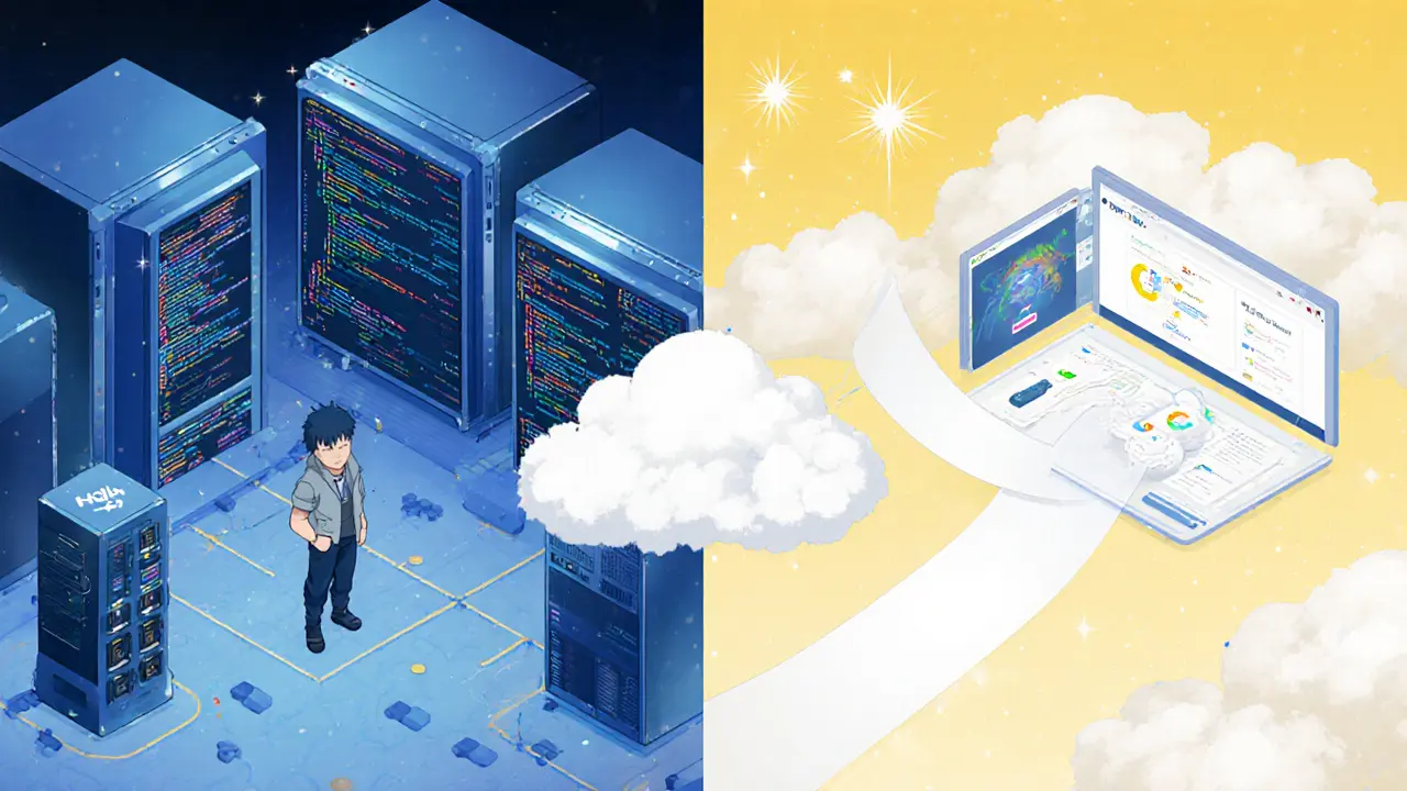 Split scene contrasting self‑hosted kit with servers and cloud‑hosted UI.