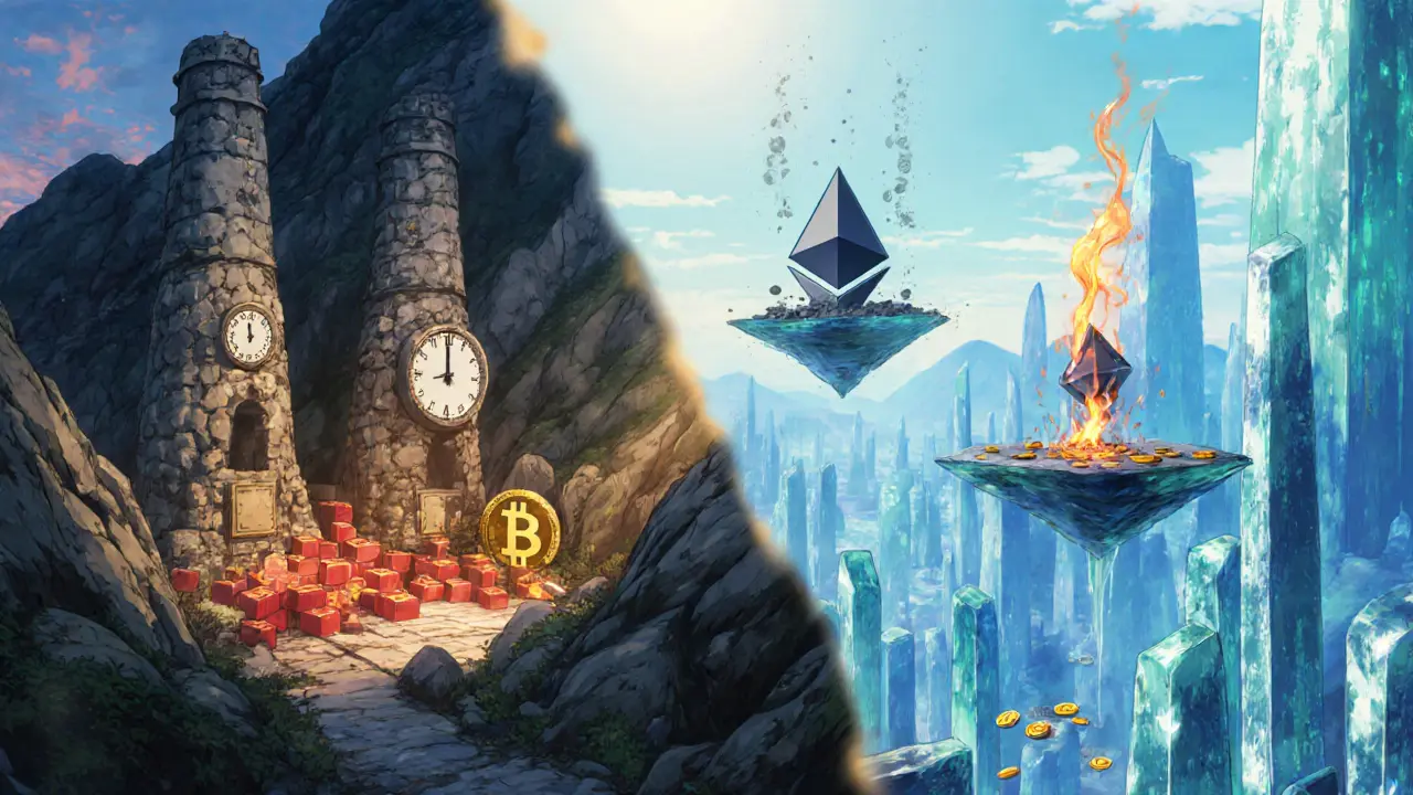 Split scene showing Bitcoin mining on a mountain and Ethereum staking in a crystal city with fee burning.