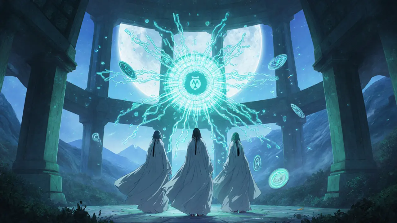 Three guardian validators in a misty tower with a crystal blockchain and swirling code fragments.