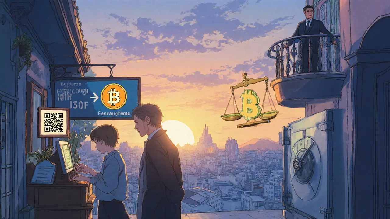 Tourist pays with Bitcoin at a shop as IMF official watches a balanced Bitcoin‑dollar scale.