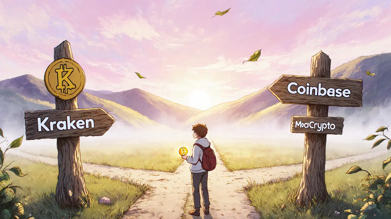 Traveler at a crossroads choosing between MorCrypto, Kraken, and Coinbase.