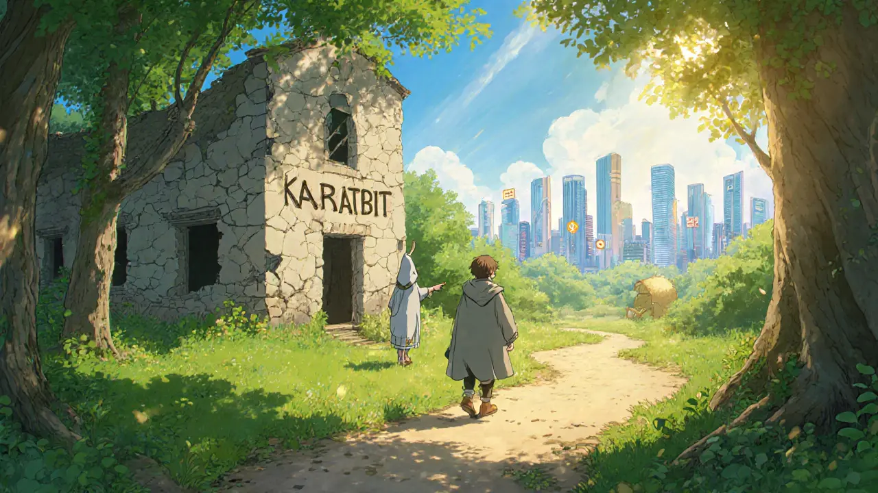 Traveler leaving a ruined Karatbit building, guided toward a bright city with Binance and Coinbase symbols.