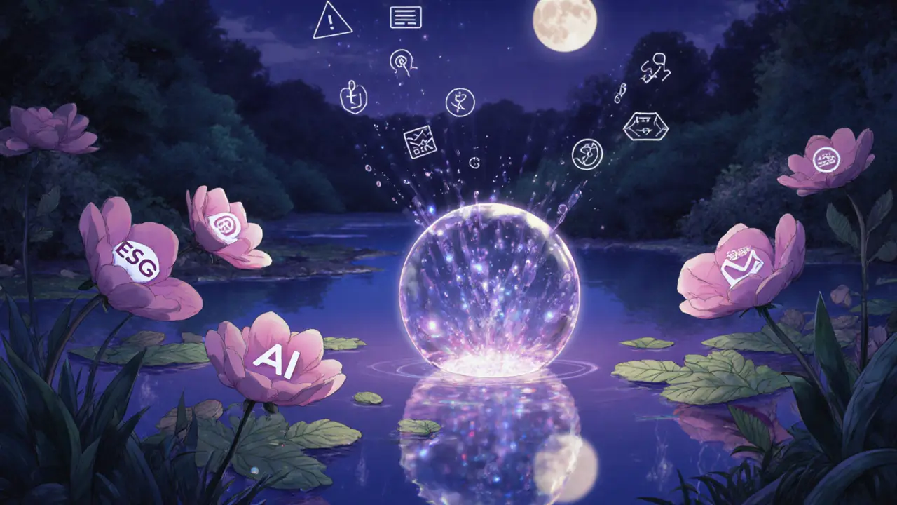 Twilight garden with AI crystal orb and ESG/alternative investment symbols merging into a calm pond.