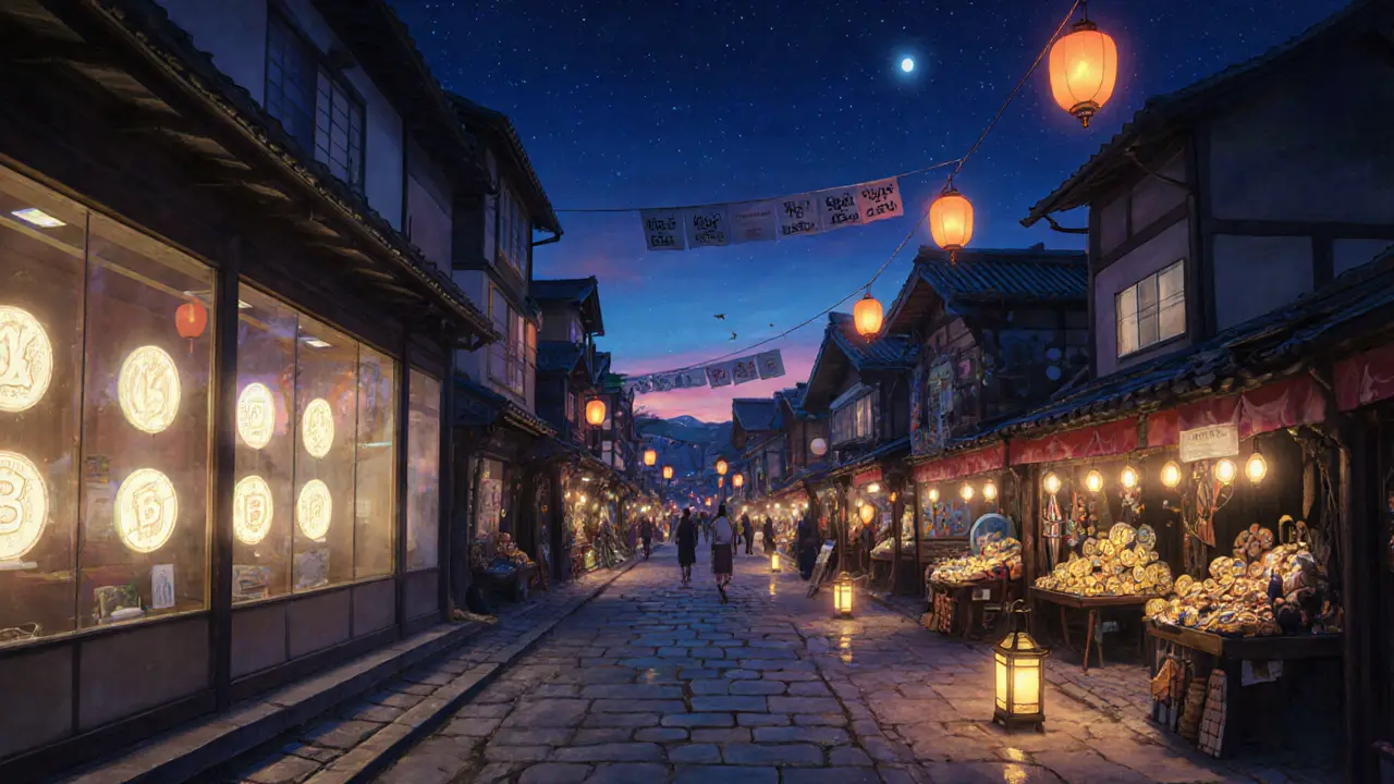 Twilight town showing an art gallery of single tokens and a market of batch tokens connected by a lantern‑lit path.