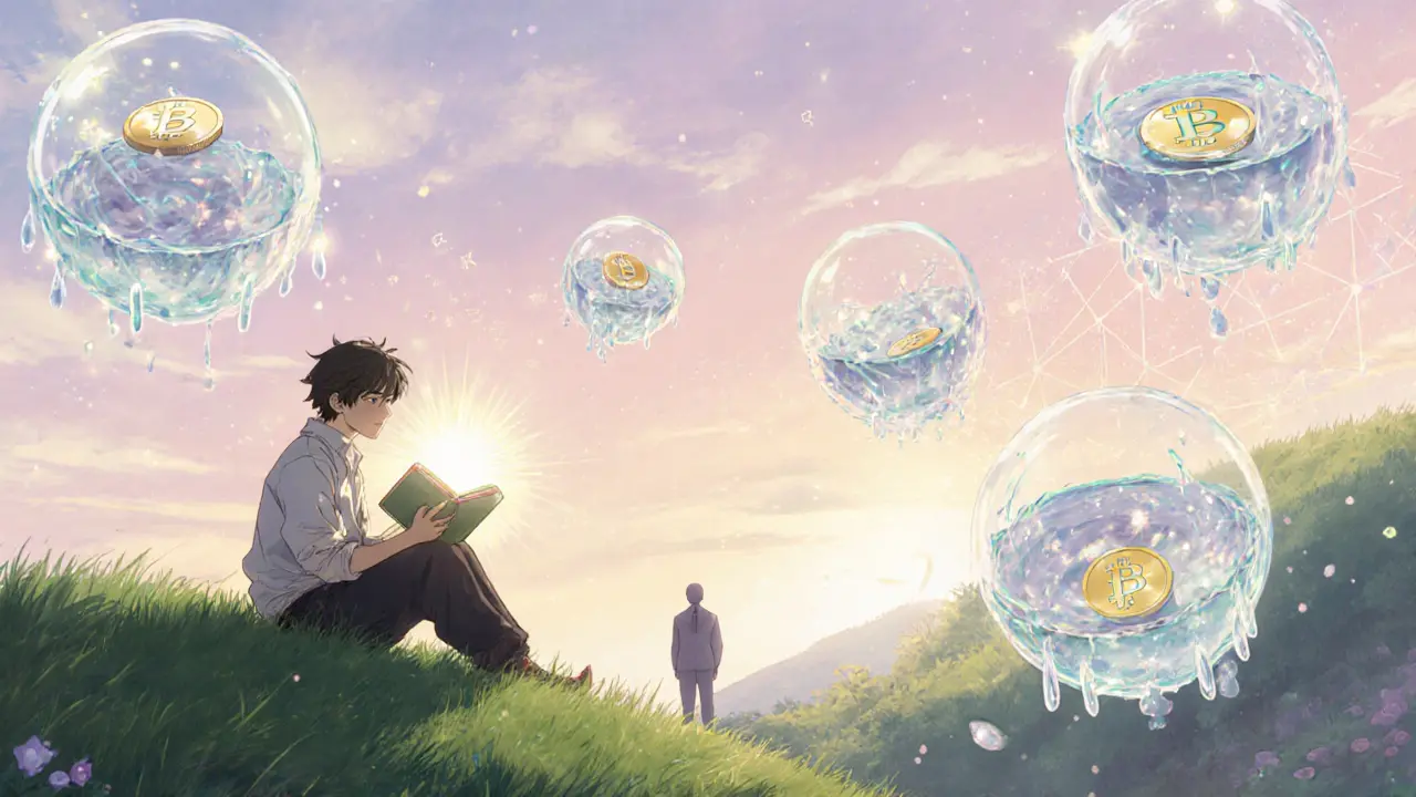 User on a hill with a glowing wallet surrounded by floating AMM pools and blockchain nodes.