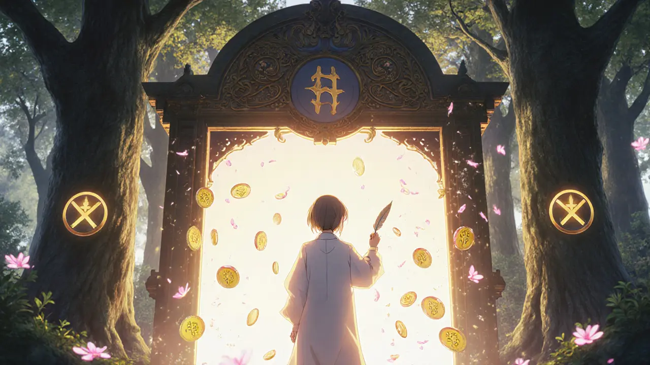 User signing a claim transaction at a magical portal, XSUTER tokens drifting like petals.