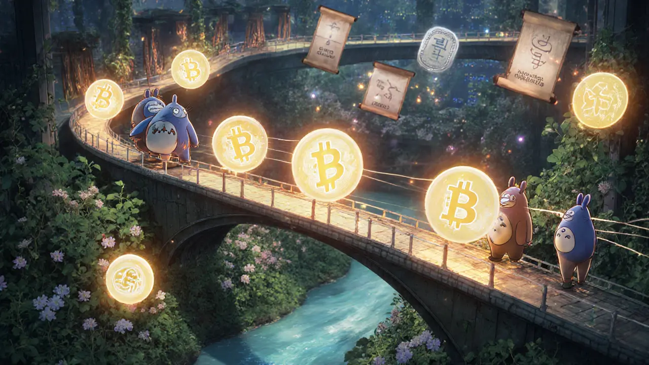 VASP characters exchanging glowing Travel Rule data in a Ghibli‑inspired hub.