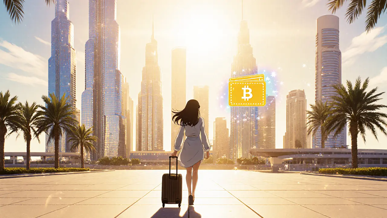 Woman exiting Dubai airport, suitcase in hand, with futuristic skyline and subtle crypto icon.